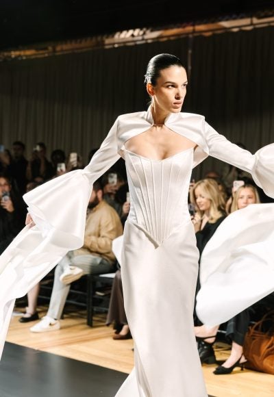 Minimalist Satin Fit-And-Flare Wedding Dress With Corset Bodice And Detachable Bolero by Pnina Tornai