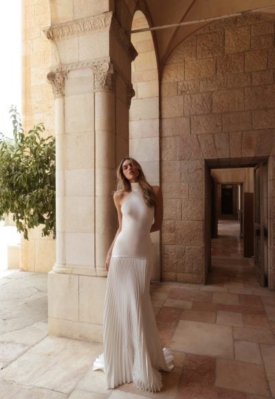 Simple Halter-Neck Drop-Waist A-Line Wedding Dress With Accordion Skirt by Pnina Tornai