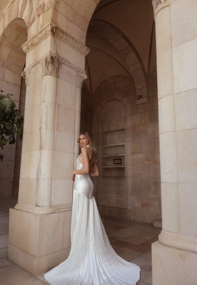 Simple Halter-Neck Drop-Waist A-Line Wedding Dress With Accordion Skirt by Pnina Tornai - Image 2