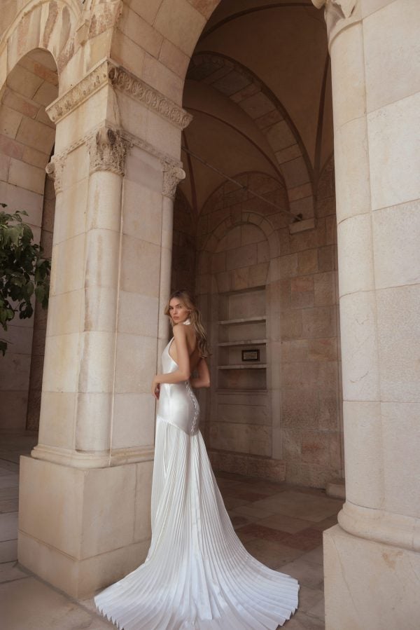 Simple Halter-Neck Drop-Waist A-Line Wedding Dress With Accordion Skirt by Pnina Tornai - Image 2