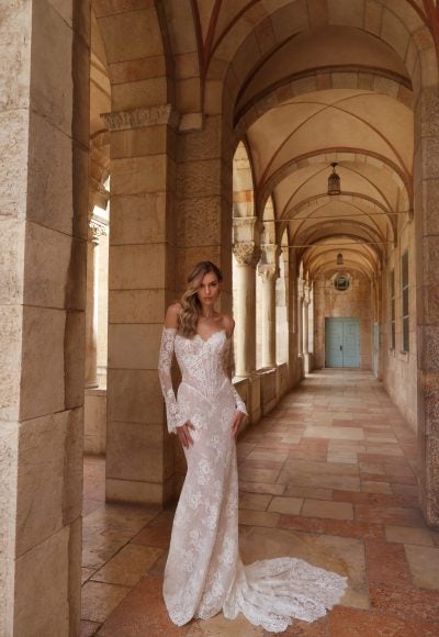 Romantic Off-The-Shoulder Long Sleeve Lace Fit-And-Flare Wedding Dress by Pnina Tornai