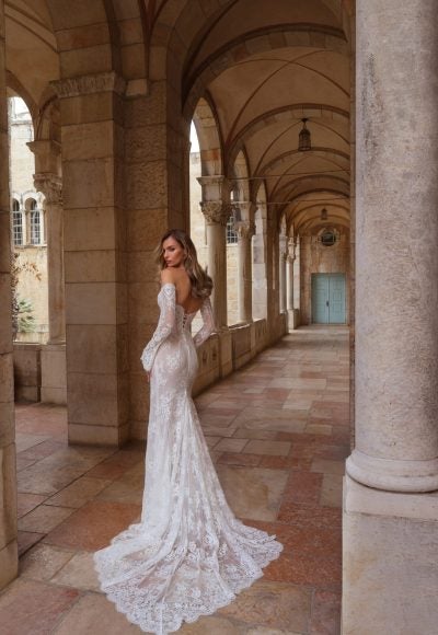 Romantic Off-The-Shoulder Long Sleeve Lace Fit-And-Flare Wedding Dress by Pnina Tornai - Image 2