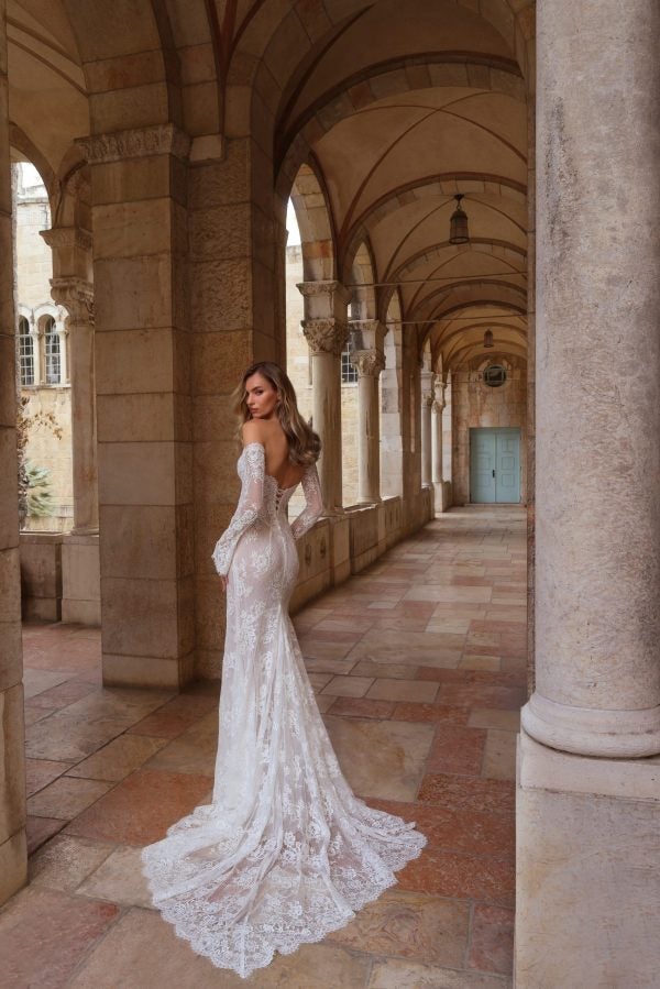 Romantic Off-The-Shoulder Long Sleeve Lace Fit-And-Flare Wedding Dress by Pnina Tornai - Image 2