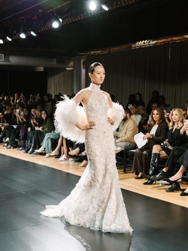 Glamorous Halter-Neck Embellished Lace Sheath Wedding Dress by Pnina Tornai - Image 1