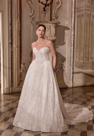 Strapless Basque-Waist Lace Ball Gown With Buttons by Justin Alexander