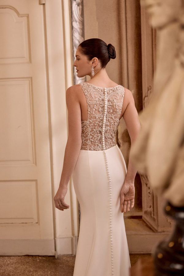 High-Neck Sheath Wedding Dress With Illusion Back And Buttons by Justin Alexander - Image 4
