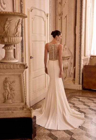 High-Neck Sheath Wedding Dress With Illusion Back And Buttons by Justin Alexander - Image 3