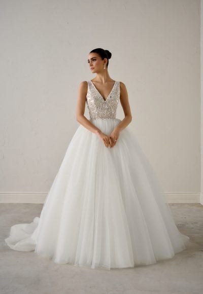 Plus-Size V-Neck Sparkly Tulle Ball Gown With Open Back by Justin Alexander Signature
