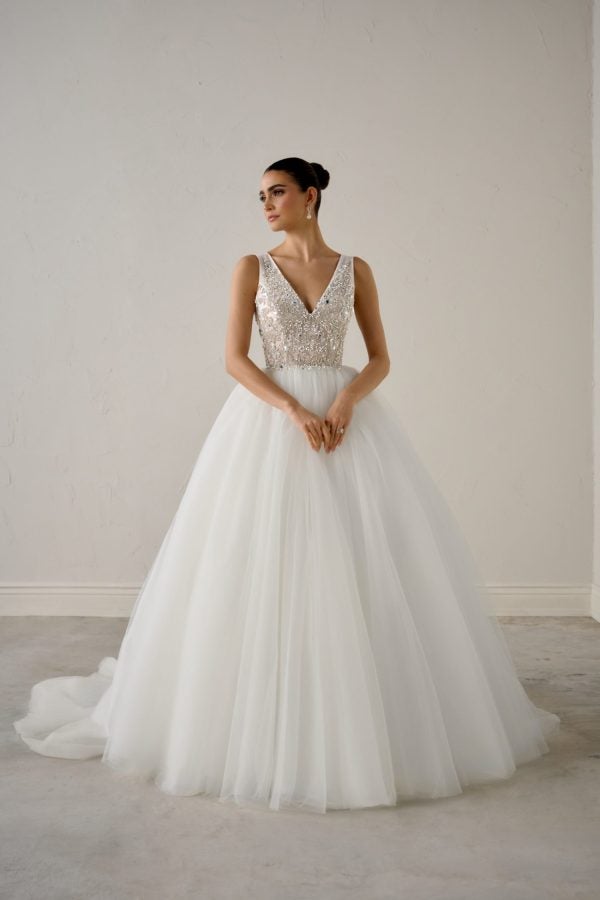 Plus-Size V-Neck Sparkly Tulle Ball Gown With Open Back by Justin Alexander Signature - Image 1