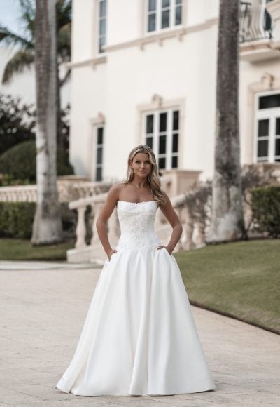 Regal And Romantic Drop-Waist Embellished Satin Ball Gown With Buttons by Allure Bridals