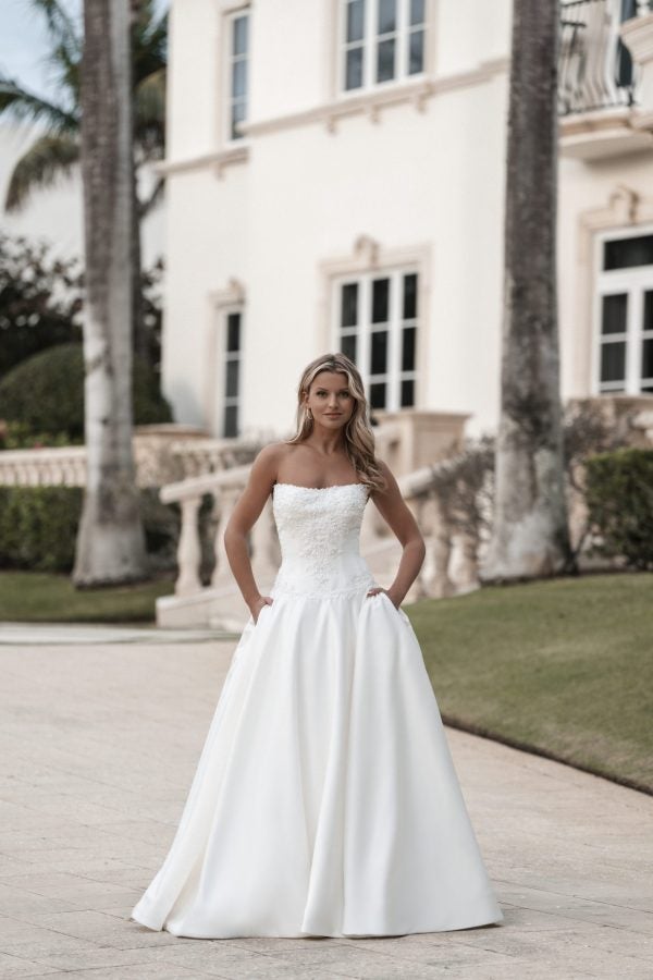 Regal And Romantic Drop-Waist Embellished Satin Ball Gown With Buttons by Allure Bridals - Image 1