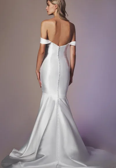 Sleek And Sophisticated Off-The-Shoulder Silk Fit-And-Flare Wedding Dress With Buttons by Anne Barge - Image 3
