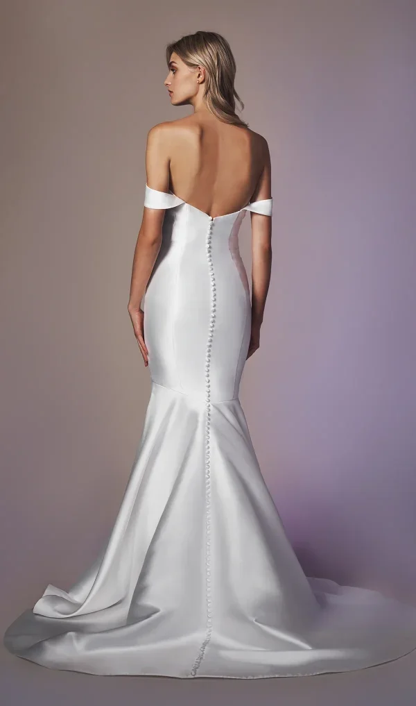 Sleek And Sophisticated Off-The-Shoulder Silk Fit-And-Flare Wedding Dress With Buttons by Anne Barge - Image 3