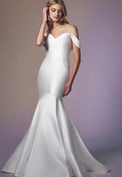 Sleek And Sophisticated Off-The-Shoulder Silk Fit-And-Flare Wedding Dress With Buttons by Anne Barge