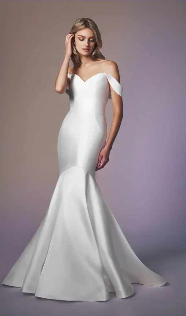 Sleek And Sophisticated Off-The-Shoulder Silk Fit-And-Flare Wedding Dress With Buttons by Anne Barge - Image 1