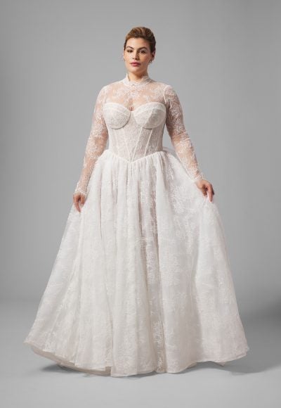 Plus-Size Basque-Waist Lace A-Line Wedding Dress With Detachable Bodysuit by Arava Polak