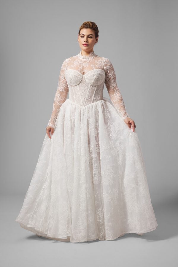 Plus-Size Basque-Waist Lace A-Line Wedding Dress With Detachable Bodysuit by Arava Polak - Image 1