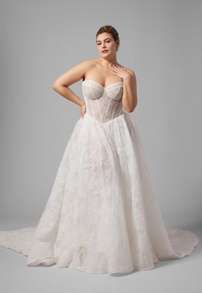 Plus-Size Basque-Waist Lace A-Line Wedding Dress With Detachable Bodysuit by Arava Polak - Image 3