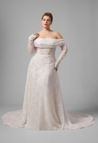 Plus-Size Chic And Glamorous Embellished Lace A-Line Wedding Dress With Detachable Shawl by Arava Polak