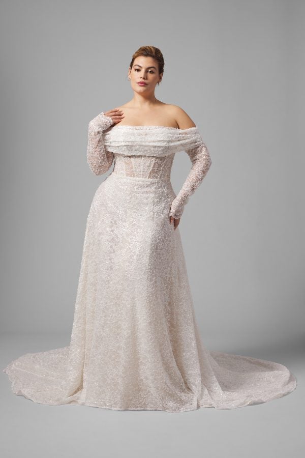 Plus-Size Chic And Glamorous Embellished Lace A-Line Wedding Dress With Detachable Shawl by Arava Polak - Image 1