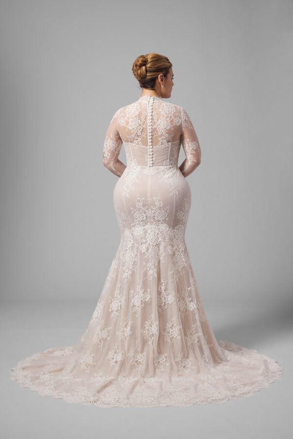 Plus-Size Chic And Romantic Lace High-Neck Long Sleeve Fit-And-Flare Wedding Dress by Arava Polak - Image 2