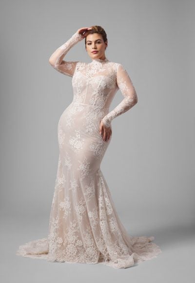 Plus-Size Chic And Romantic Lace High-Neck Long Sleeve Fit-And-Flare Wedding Dress by Arava Polak
