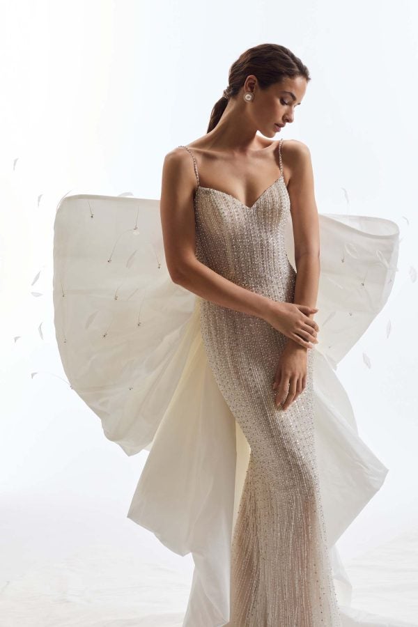 Fully-Embellished Sheath Wedding Dress With Detachable Bow Cape by Demetrios - Image 3