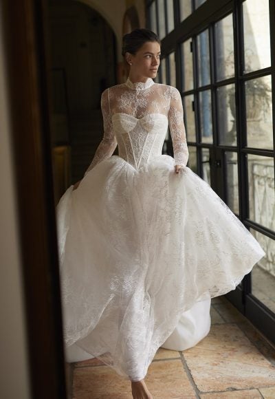 Basque-Waist Lace A-Line Wedding Dress With Detachable Bodysuit by Arava Polak - Image 2
