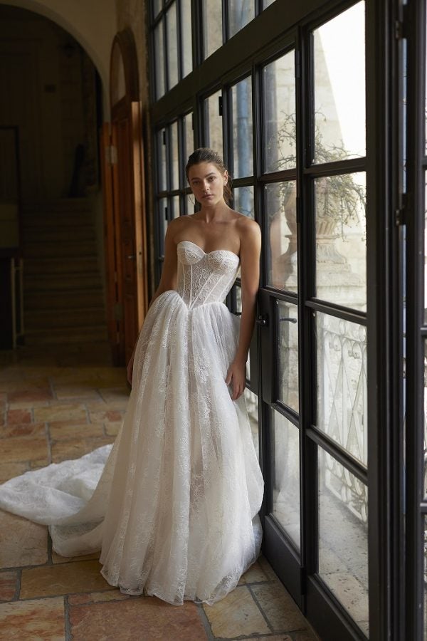 Basque-Waist Lace A-Line Wedding Dress With Detachable Bodysuit by Arava Polak - Image 1