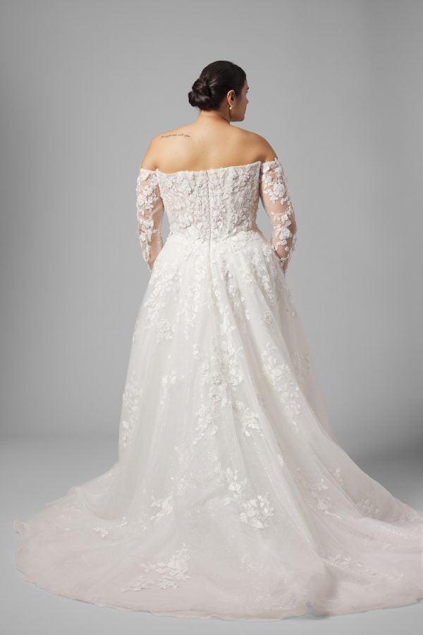 Plus-Size Off-The-Shoulder Long Sleeve Tulle A-Line Wedding Dress by Demetrios - Image 2