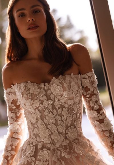 Plus-Size Off-The-Shoulder Long Sleeve Tulle A-Line Wedding Dress by Demetrios - Image 2