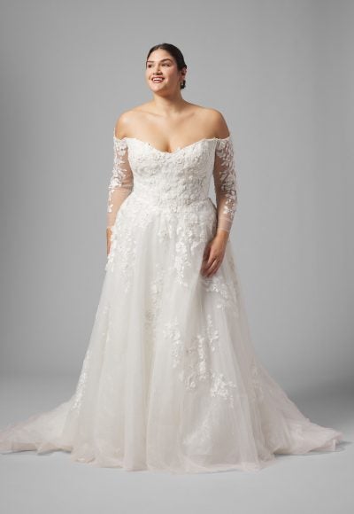 Plus-Size Off-The-Shoulder Long Sleeve Tulle A-Line Wedding Dress by Demetrios