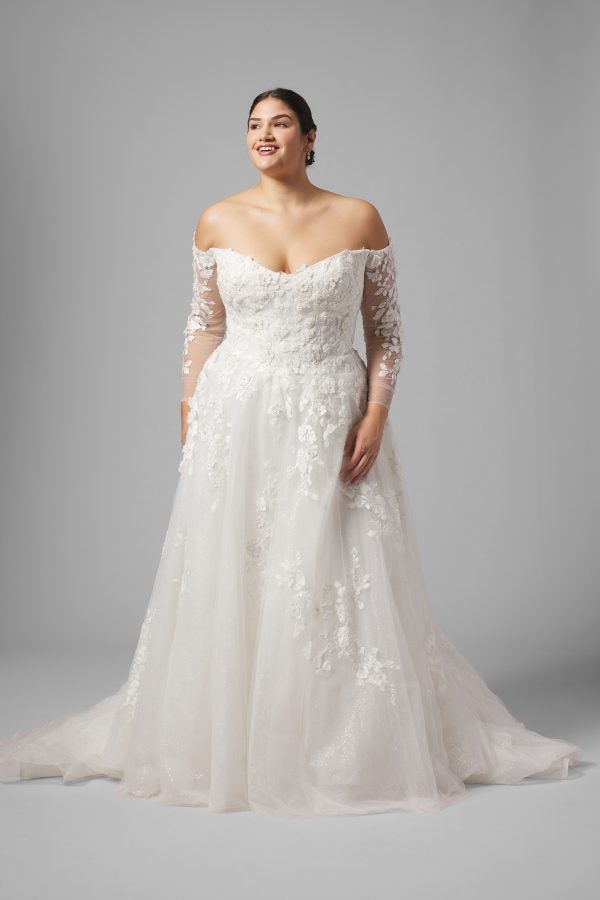 Plus-Size Off-The-Shoulder Long Sleeve Tulle A-Line Wedding Dress by Demetrios - Image 1