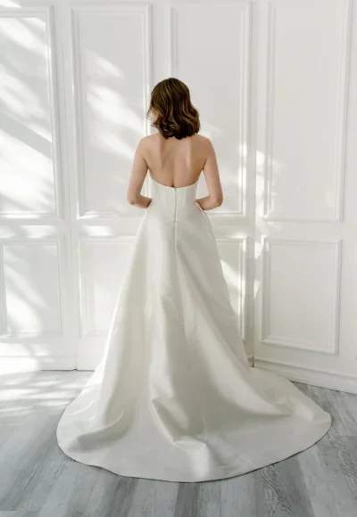 Chic And Modern Silk A-Line Wedding Dress With Slit And Bow by Enaura Bridal - Image 4