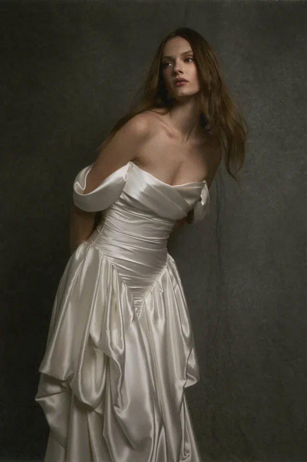 Sculptural Basque-Waist Silk Satin Ball Gown by Enaura Bridal - Image 2