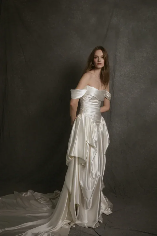 Sculptural Basque-Waist Silk Satin Ball Gown by Enaura Bridal - Image 1