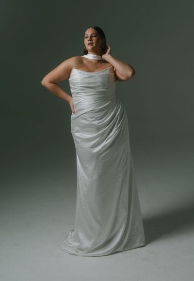 Plus-Size Silk Sheath Wedding Dress With Detachable Cape And Neck Scarf by Hera Couture - Image 3