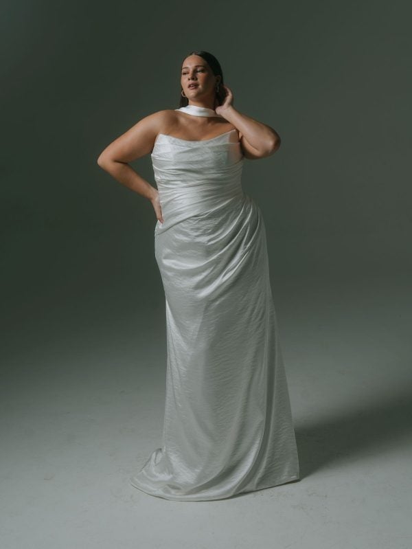 Plus-Size Silk Sheath Wedding Dress With Detachable Cape And Neck Scarf by Hera Couture - Image 3