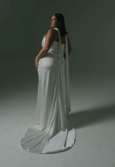 Plus-Size Silk Sheath Wedding Dress With Detachable Cape And Neck Scarf by Hera Couture - Image 4