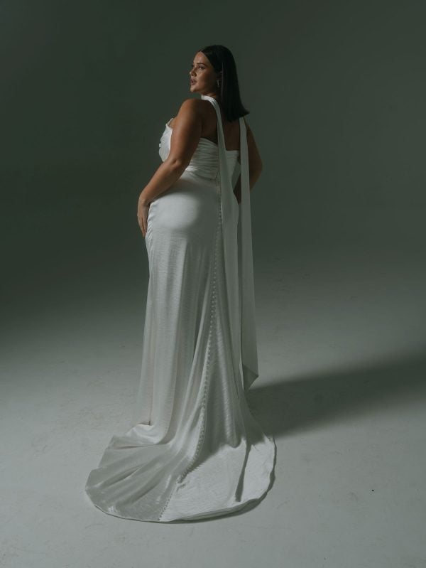 Plus-Size Silk Sheath Wedding Dress With Detachable Cape And Neck Scarf by Hera Couture - Image 4