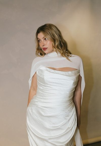 Plus-Size Silk Sheath Wedding Dress With Detachable Cape And Neck Scarf by Hera Couture - Image 2