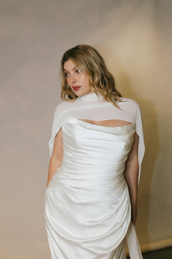 Plus-Size Silk Sheath Wedding Dress With Detachable Cape And Neck Scarf by Hera Couture - Image 2