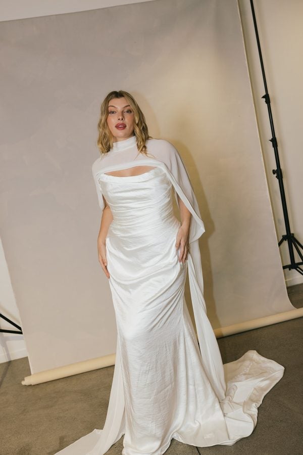 Plus-Size Silk Sheath Wedding Dress With Detachable Cape And Neck Scarf by Hera Couture - Image 1