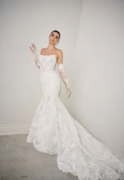 Plus-Size Strapless Lace Fit-And-Flare Wedding Dress With Detachable Sleeves by Justin Alexander