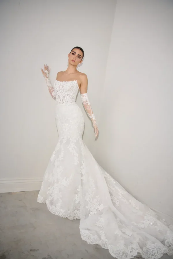 Plus-Size Strapless Lace Fit-And-Flare Wedding Dress With Detachable Sleeves by Justin Alexander - Image 1