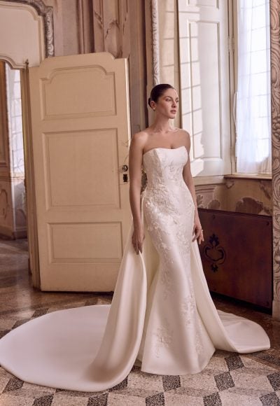 Plus-Size Strapless 3D Floral Silk Fit-And-Flare Wedding Dress With Detachable Overskirt by Justin Alexander