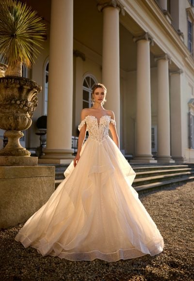 Dramatic And Romantic Sparkly Tiered Ball Gown With 3D Florals by Randy Fenoli