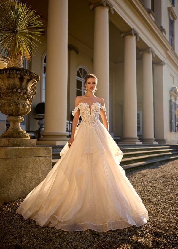 Dramatic And Romantic Sparkly Tiered Ball Gown With 3D Florals by Randy Fenoli - Image 1