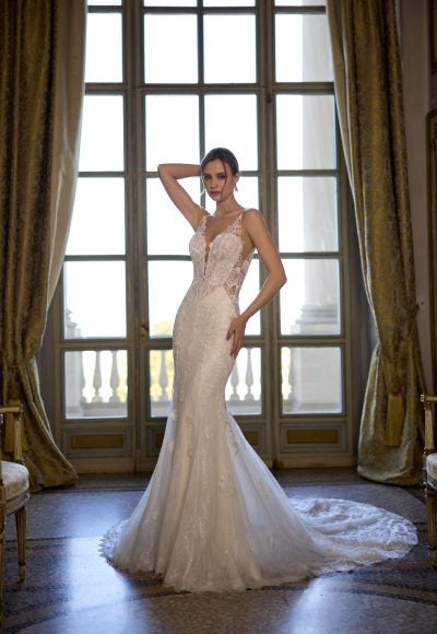 V-Neck Floral Fit-And-Flare Wedding Dress With Open Back by Randy Fenoli