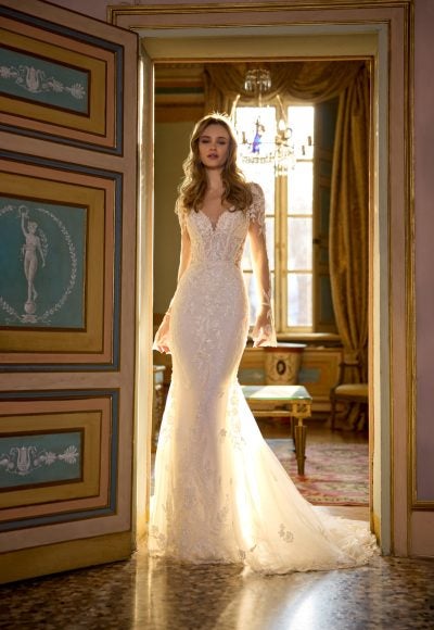 Sparkly Lace Long Sleeve Fit-And-Flare Wedding Dress With Open Back by Randy Fenoli